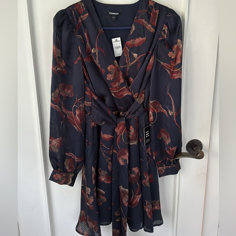 NWT EXPRESS Gorgeous navy dress with subtle sheer sleeves.